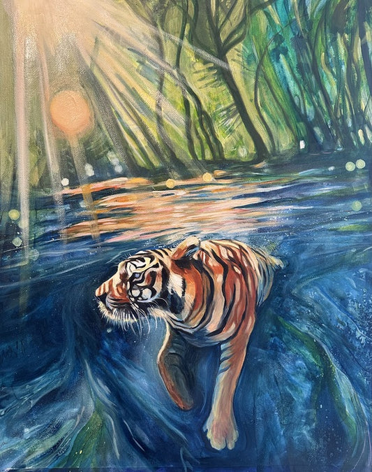 Sunlit Hunt, 2025, mixed media on watercolor paper, 28 x 22 in. / 71.12 x 55.88 cm.