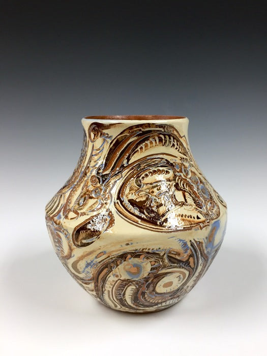 Coiled Pot with Sgraffito, 2024, mixed media, 7.75 x 9 x 9 in. / 19.68 x 22.86 x 22.86 cm.