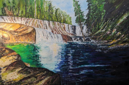 Lower Falls of the Lewis, 2024, oil on canvas, 48 x 72 in. / 121.92 x 182.8 cm.