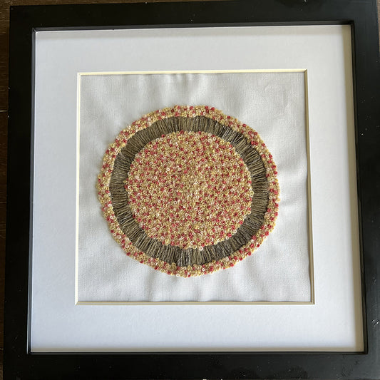 Micelle, 2024, natural dyed wool singles on cotton twill fabric, 12 x 12 in. / 30.48 x 30.48 cm.