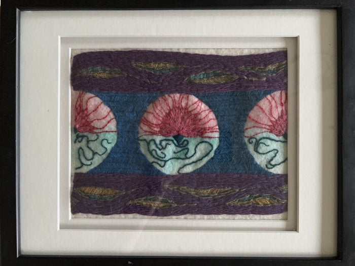 Flowers, 2024, handspun wool and silk and watercolor paint on cotton twill, 12 x 15 in. / 30.48 x 38.1 cm.