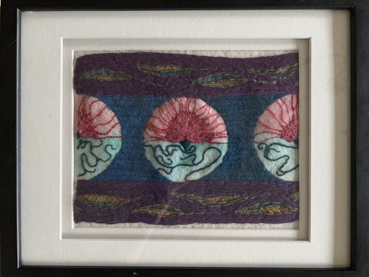 Flowers, 2024, handspun wool and silk and watercolor paint on cotton twill, 12 x 15 in. / 30.48 x 38.1 cm.
