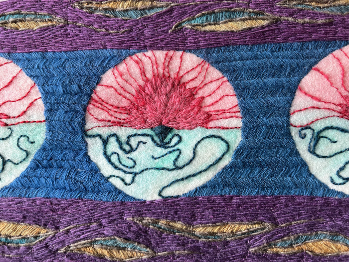 Flowers, 2024, handspun wool and silk and watercolor paint on cotton twill, 12 x 15 in. / 30.48 x 38.1 cm.