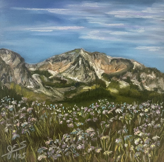 Gothic Peak Wildflowers, 2025, soft pastels, 8 x 8 in. / 20.32 x 20.32 cm.