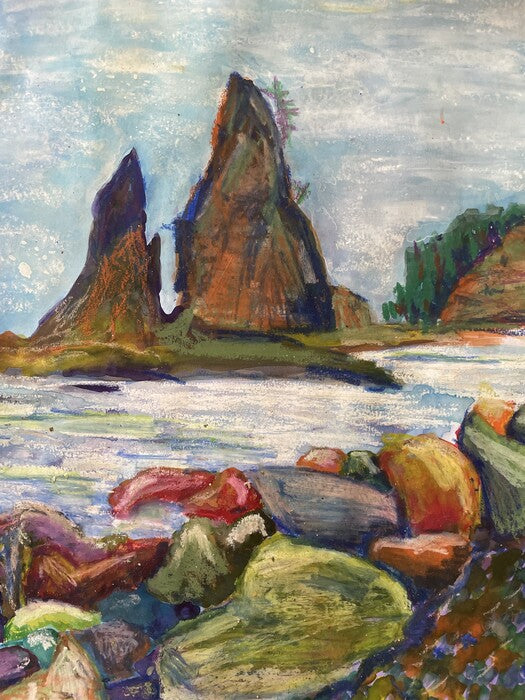A Hike To "Hole in the Wall', 2024, oil pastel and paint, 14 x 11 in. / 35.56 x 27.94 cm.