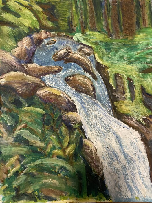 Sol Duc Falls, 2024, oil pastel and paint, 14 x 11 in. / 35.56 x 27.94 cm.