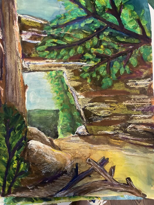 Red Rock River Gorge, 2024, oil pastel and paint, 14 x 11 in. / 35.56 x 27.94 cm.