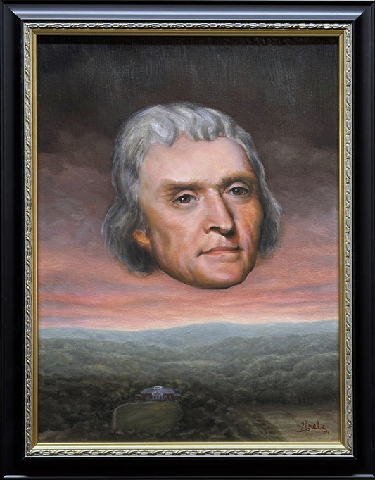 Head of Thomas Jefferson Floats Above Monticello, 2024, oil on canvas, 16 x 12 in. / 40.64 x 30.48 cm.