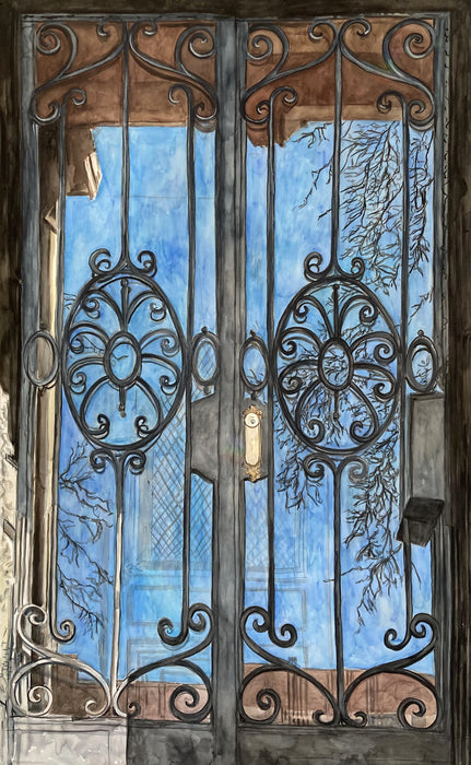 Inside Outside Gated Doors (Clinton Hill, Brooklyn), 2023, watercolor on paper, 68 x 44 in. / 172.72 x 111.76 cm.