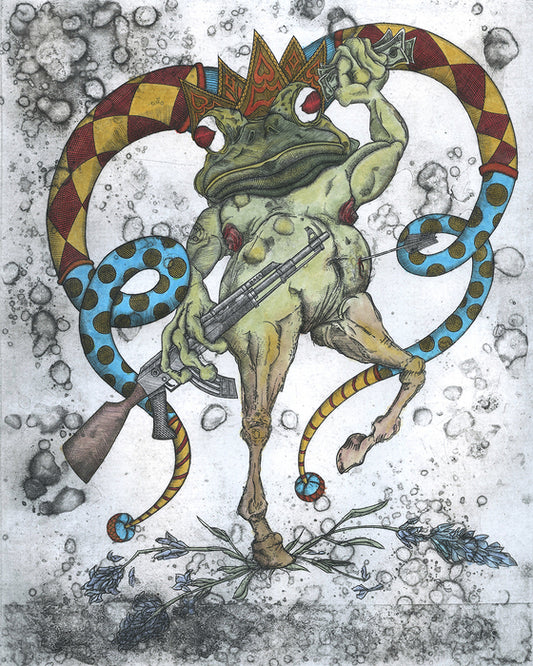 Come Take It, If You're Man Enough, 2025, hand colored intaglio, 10 x 8 in. / 25.4 x 20.32 cm.