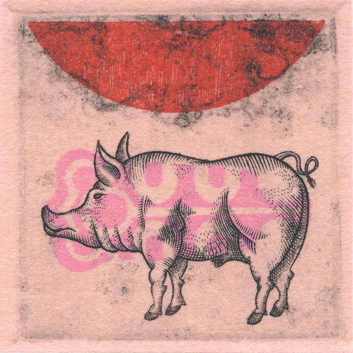 Consumption (On Pink), 2025, mixed media, 2 x 2 in. / 5.08 x 5.08 cm.