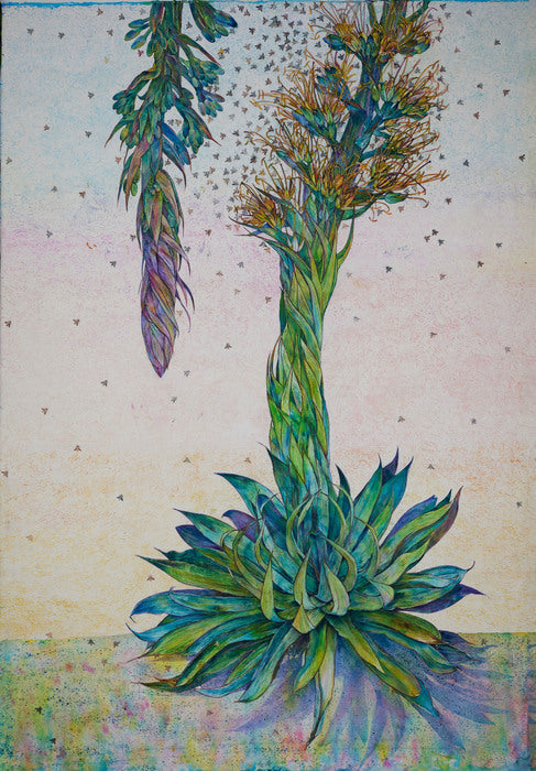 Bee Magnet, 2022, wax and dye on silk, 42 x 64 in. / 106.68 x 162.56 cm.