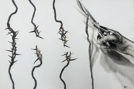 Cutting Ties, 2025, charcoal and pastels, 23 x 18 in. / 58.42 x 45.72 cm.