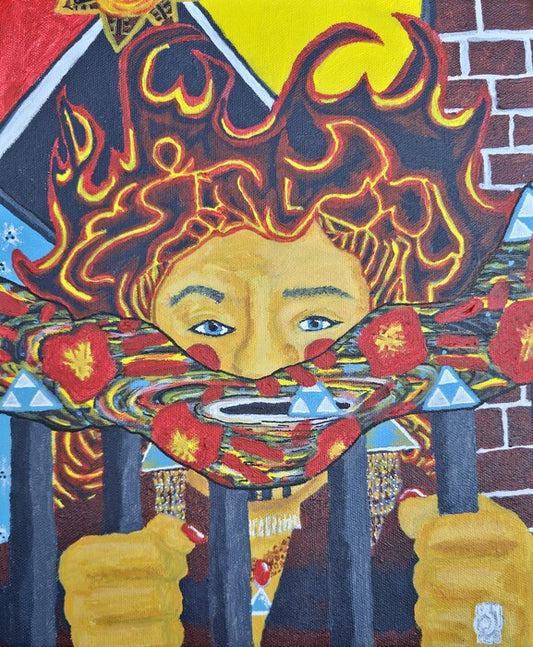 Silence is a Cage Made of Ash; Bricks to Embers, Hands.., 2025, acrylic on canvas, 30 x 25 in. / 76.2 x 63.5 cm.