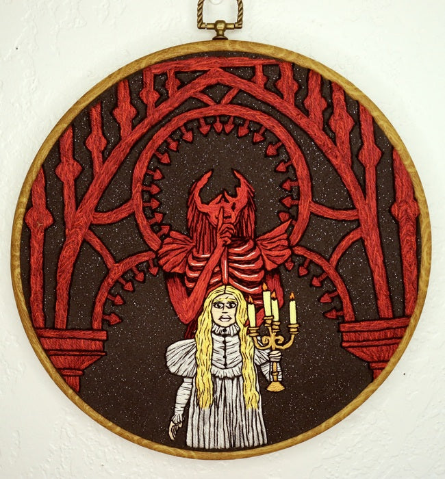 Crimson Peak-a-Boo, 2022, embroidery, 10 x 10 in. / 25.4 x 25.4 cm.