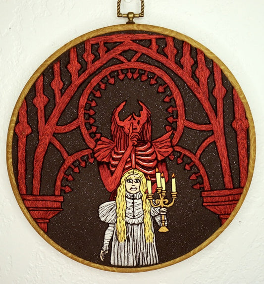 Crimson Peak-a-Boo, 2022, embroidery, 10 x 10 in. / 25.4 x 25.4 cm.