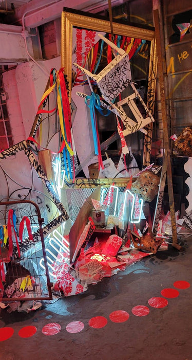 May Your Children Not Know War, 2022, screen-printed glass, 12 x 12 x 14 ft. / 144 x 144 x 168 cm.