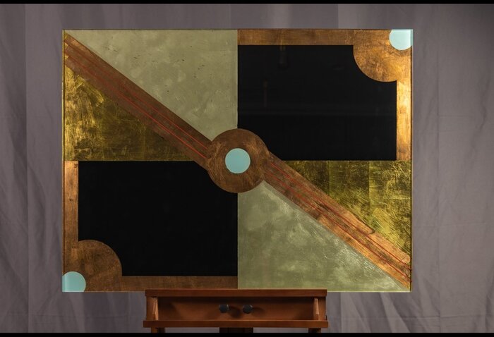 Mechanical Skyline, 2024, glass, imitation gold, bronze and copper leaf, paint, 32 x 45 in. / 81.28 x 114.3 cm.