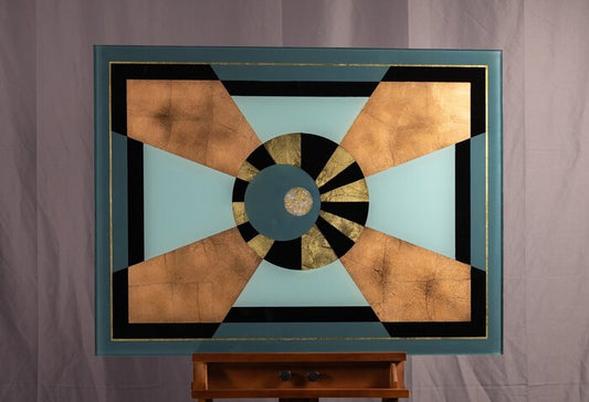 The Sun’s Silence, 2024, glass, imitation gold, copper leaf, paint, 32 x 45 in. / 81.28 x 114.3 cm.