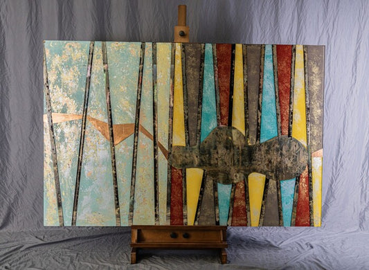 Echo, 2024, etched mirror, gilding metals, paint, lacquer, 42 x 64 in. / 106.68 x 162.56 cm.