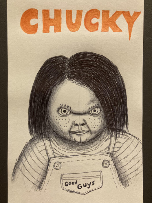 Chucky, 2023, ink pen, 5 x 3.5 in. / 12.7 x 8.89 cm.