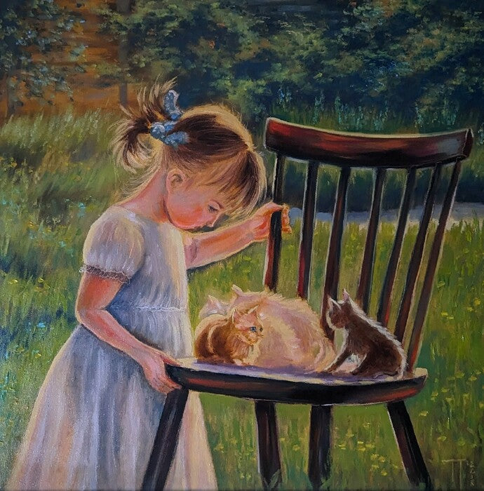 Sunny Days in the Garden: A Playful Scene with Kittens, 2018, oil painting, 20 x 20 in. / 50.8 x 50.8 cm.
