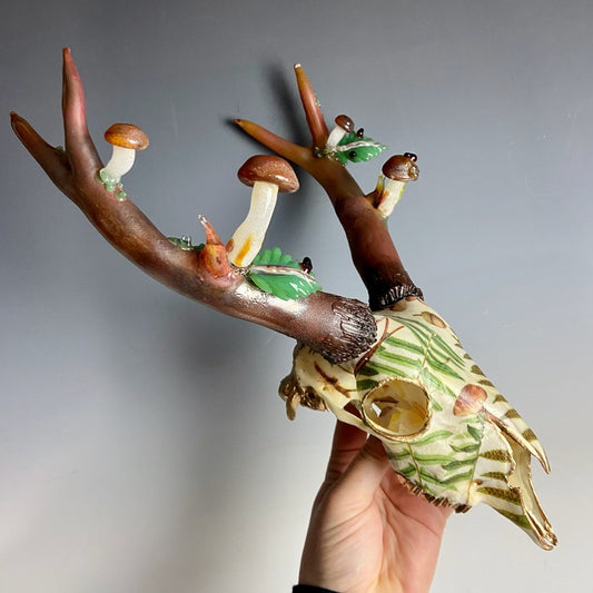 Deer Skull Colab with Artist Emmanuelle Jobidon, 2024, real deer skull, paper, and blown glass, 12 x 12 x 10 in. / 30.48 x 30.48 x 25.4 cm.