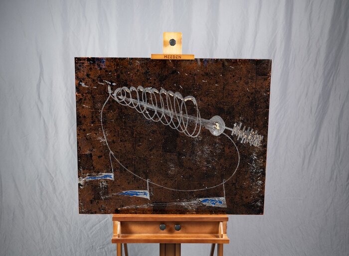 Artifact No. 2: Somnitron (Dream Archaeology Series), 2025, edium: etched mirror, gilding metals, paint, 30 x 36 in. / 91.44 x 76.2 cm.
