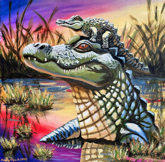 Mama Crocodile and Baby, 2025, acrylic on canvas, 24 x 24 in. / 60.96 x 60.96 cm.