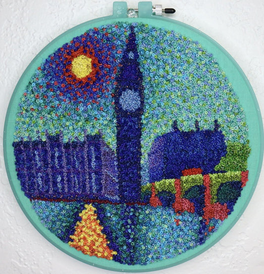 Going to London, 2025, embroidery, 8 x 8 in. / 20.32 x 20.32 cm.