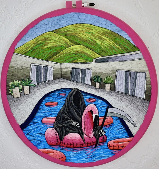 Swim Reaper, 2025, embroidery, 10 x 10 in. / 25.4 x 25.4 cm.