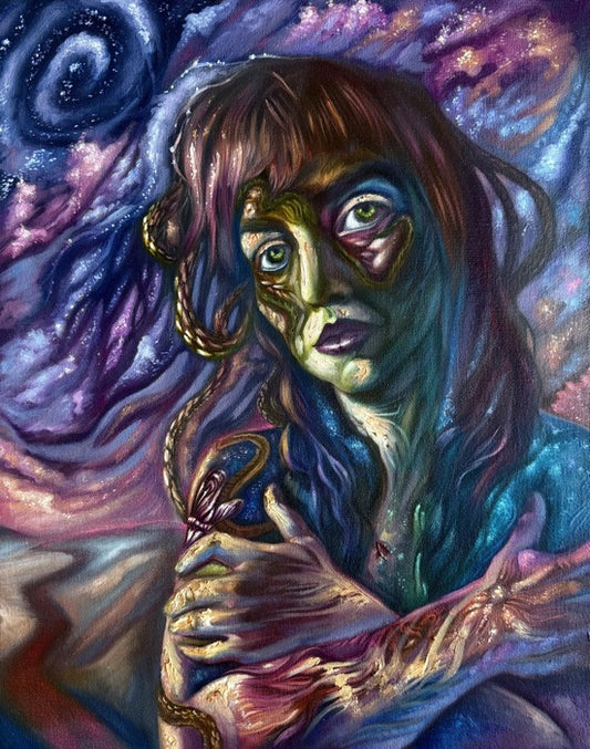 Medusa Dreams: The Snakes Inside, 2025, oil on canvas, 24 x 18 in. / 60.96 x 45.72 cm.
