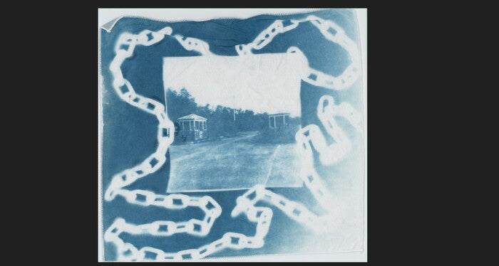 Guard House, 2024, cyanotype print on cloth, 12 x 12 in. / 30.48 x 30.48 cm.