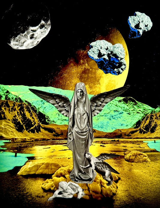Wings of the Wounded, 2025, hybrid collage, 11 x 8.5 in. / 27.94 x 21.59 cm.