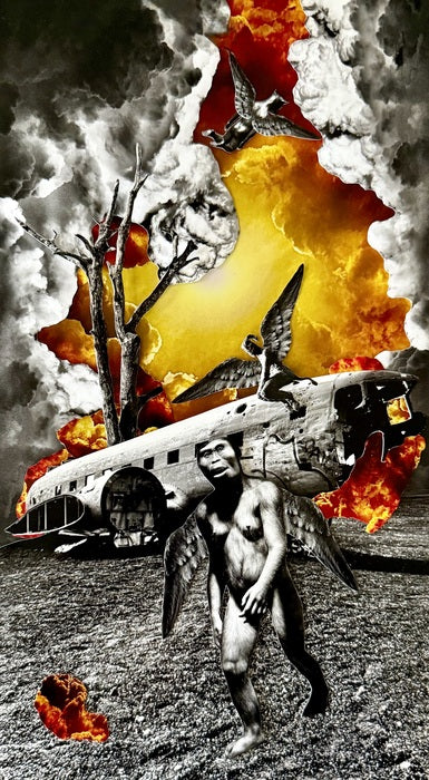 Where Wings Once Meant Hope, 2025, hybrid collage, 11 x 18 in. / 27.94 x 45.72 cm.