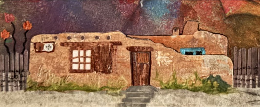 Adobe Home 1 (New Mexico), 2025, paper and ink on cedar board, 1.5 x 4 in. / 3.81 x 10.16 cm.