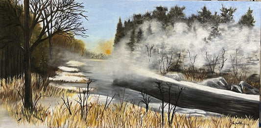 Sunrise on a Foggy Pond, 2025, oil, 12 x 24 in. / 30.48 x 60.96 cm.