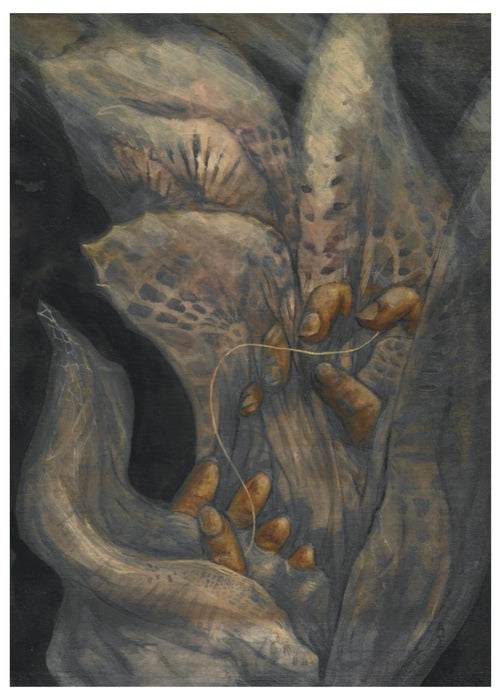 Clotho, 2024, acrylic, liquid graphite, gouache, 11 x 9 in. / 27.94 x 22.86 cm.