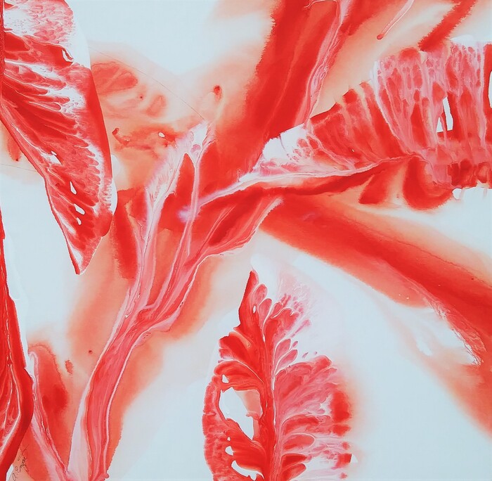 Hibiscus Blooming, 2024, acrylic, 36 x 26 in. / 91.44 x 66.94 cm.