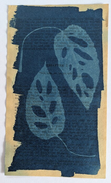 Last of the Mohicans 20, 2024, cyanotype on book paper, 7 x 4 in. / 17.78 x 10.16 cm.