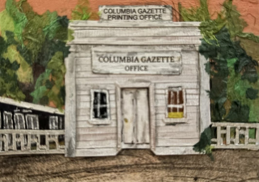 Echoes of the Press - Columbia Gazette, 2025, paper collage on wood, 3.5 x 2.5 in. / 8.89 x 6.35 cm.