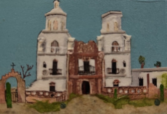 Mission (San Javier del Bac, Tucson, AZ), 2025, paper collage, 2.5 x 3.5 in. / 6.35 x 8.89 cm.