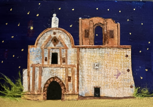 Mission (San Jose de Tumacacori, AZ), 2025, paper collage, 2.5 x 3.5 in. / 6.35 x 8.89 cm.
