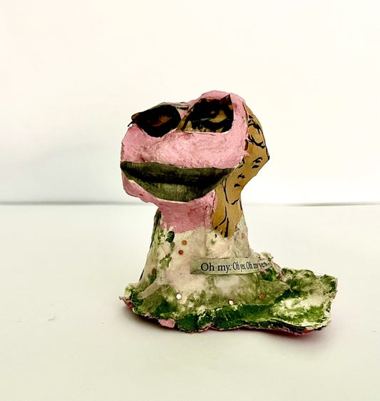 Oh My, 2025, collaged paper mâché, 4 x 4 x 2 in. / 10.16 x 10.16 x 5.08 cm.