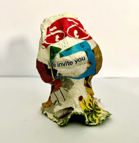We Invite You, 2025, collaged paper mâché, 4 x 4 x 2 in. / 10.16 x 10.16 x 5.08 cm.
