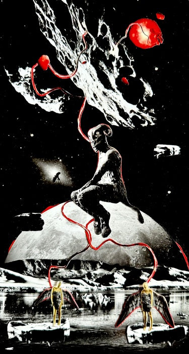 The Weaver of Realms, 2025, hybrid collage, 14 x 8.5 in. / 35.56 x 21.59 cm.