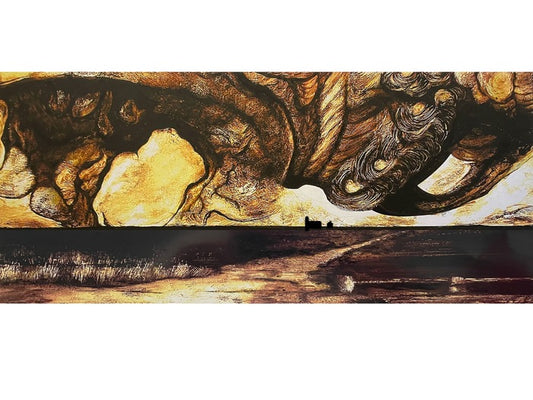 The Gods Were Angry, 2024, mixed media, 8 x 18 in. / 20.32 x 45.72 cm.