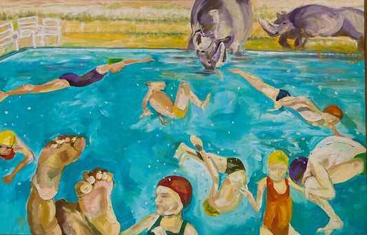 Rhinos & Swimmers, 2001, oil on canvas, 24 x 36 in. / 60.96 x 91.44 cm.