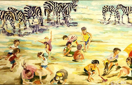 Zebras & Beach Children, 2001, oil on canvas, 30 x 48 in. / 76.2 x 121.92 cm.
