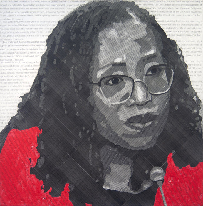 Justice Jackson, 2022, collage, acrylic and pencil on canvas, 30 x 30 in. / 76.2 x 76.2 cm.